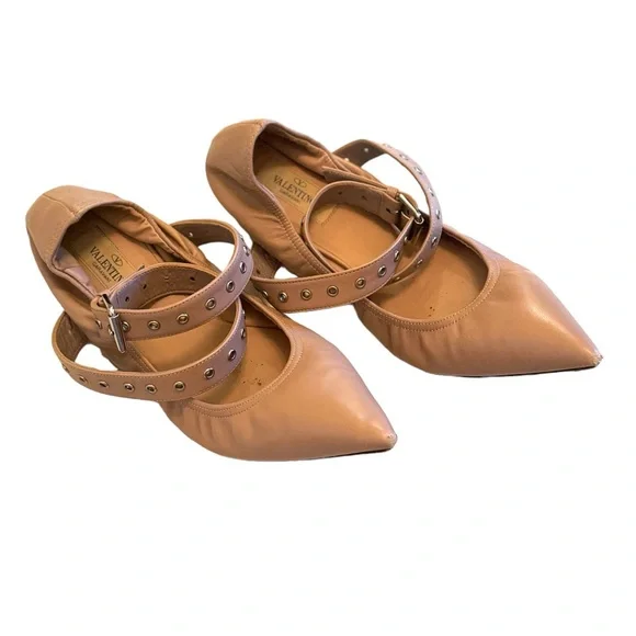 Valentino Pointed Toe Love Latch Ankle Strap Nude Pink Flats with Grommets - Picture 1 of 10